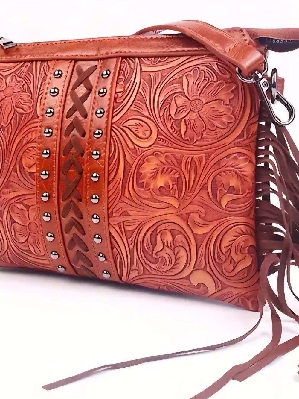 Women's Retro Embossed Floral Fringe Crossbody Boho Bag